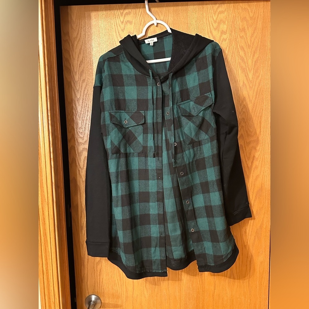 La Miel Green and Black Plaid Hooded Shirt